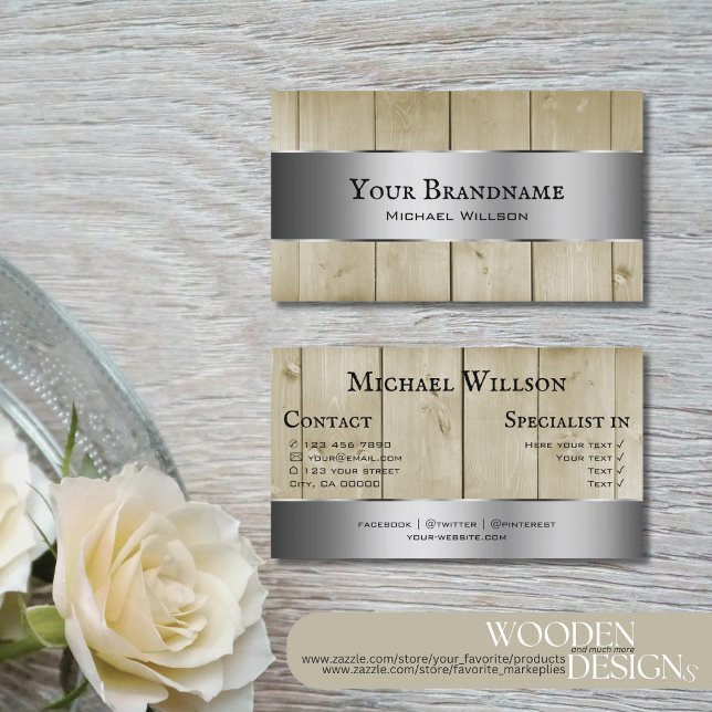 Carte De Visite Bois clair Brown Grain Argent Décor (Créateur téléchargé)
