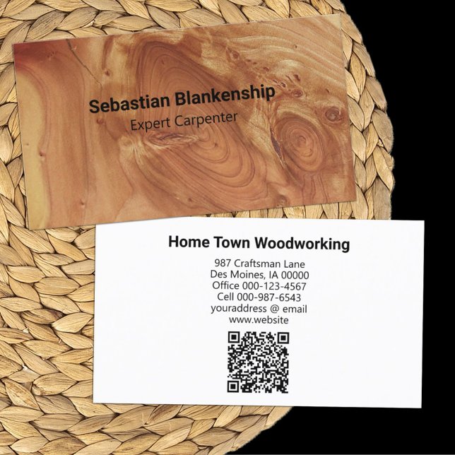 Carte De Visite Bois d'artisanat Bois Texture QR Code (business card front and back)