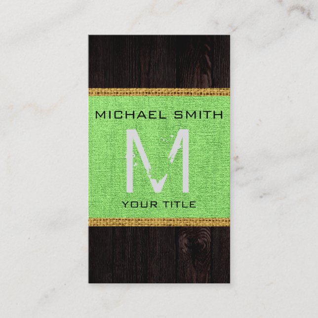 Carte De Visite Bois Look Lime Burlap vert Monogramme rustique (Devant)