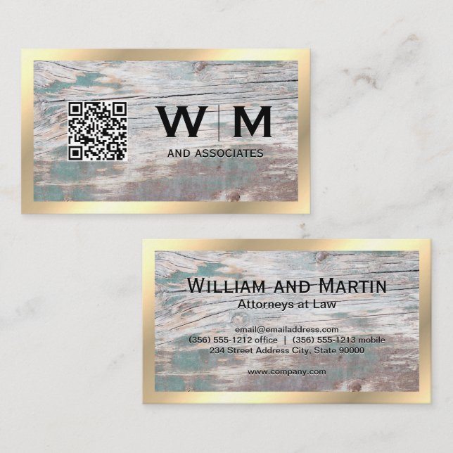 Carte De Visite Bois | Monogramme de bordure or | Code QR (Devant / Derrière)
