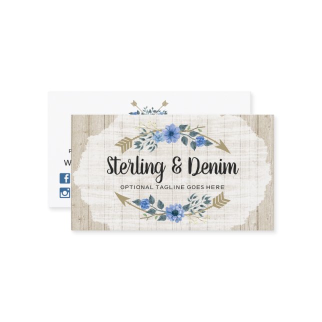 Carte De Visite Bois rustique et aquarelle bohème Flore Flèches (Devant/Arrière en situation)