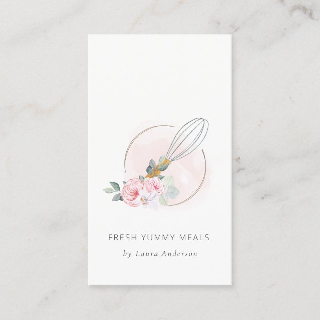 Carte De Visite Bois Whisk Blush Aquarelle Floral Chef Logo (Devant)