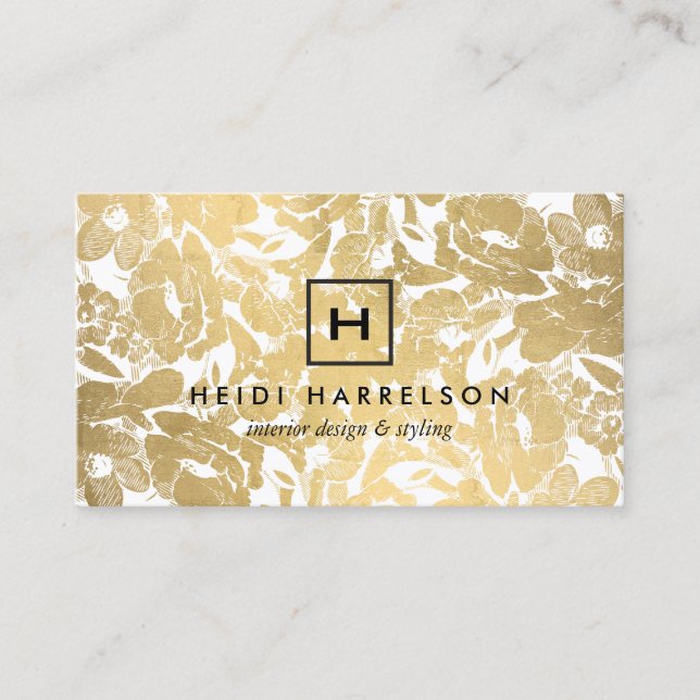 Carte De Visite Boite Logo Monogramme avec Faux Gold Floral (Devant)