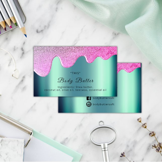 Carte De Visite Boites de beurre corps Emballage de produit rose s (Body Butter Drips Product Packaging Pink Social Business Card)
