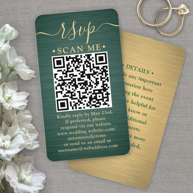 Carte De Visite Boîtier 100 Pack QR RSVP Green et Gold Mariage (Créateur téléchargé)