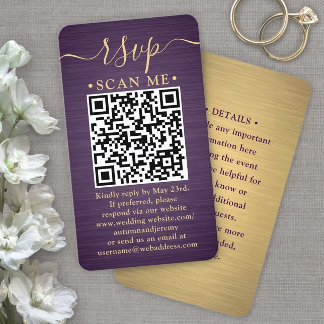 Carte De Visite Boîtier 100 Pack QR RSVP Mariage violet et or (Créateur téléchargé)