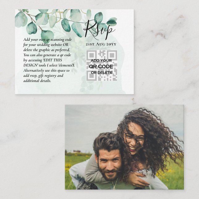 Carte De Visite Boîtier photo 100 QR CODE MARIAGE RSVP Green (Devant / Derrière)