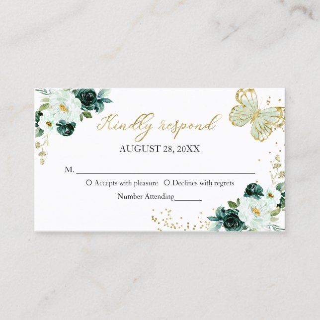 Carte De Visite Boîtier RSVP doux 16 Papillon floral vert (Devant)