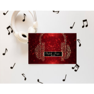 Carte De Visite Bokeh élégant rouge pailleté, écouteurs notes de m