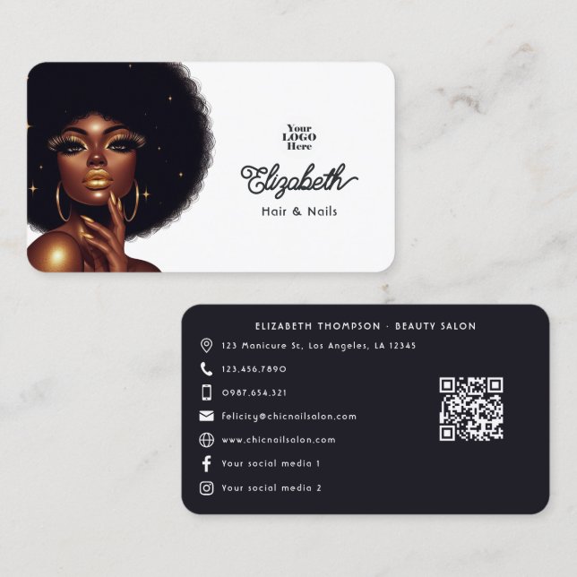 Carte De Visite Bold Afro Glam Beauty Salon Marque d'affaires (Devant / Derrière)