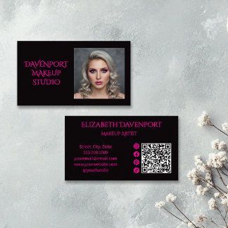 Carte De Visite Bold Black and Hot Pink Social Icon QR Code