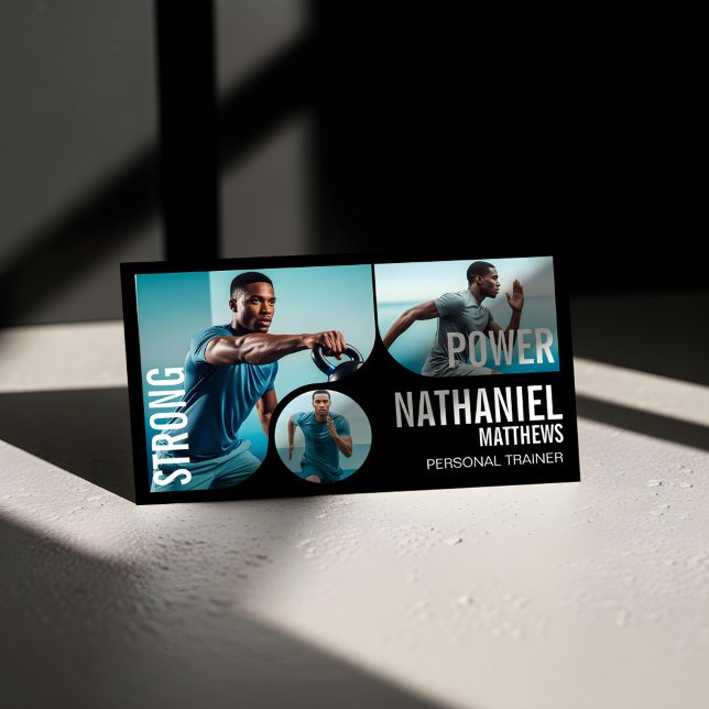 Carte De Visite Bold Black Personal Trainer Fitness Gym Coach QR (Trendy Wavy Photo Frame Personal Trainer Fitness Business Card)