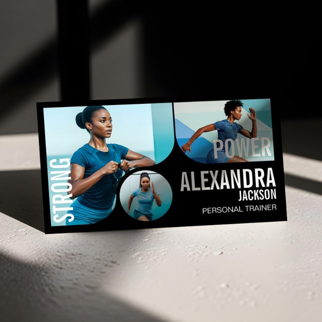 Carte De Visite Bold Black Personal Trainer Fitness Gym Coach QR (Trendy Wavy Photo Frame Personal Trainer Fitness Business Card)