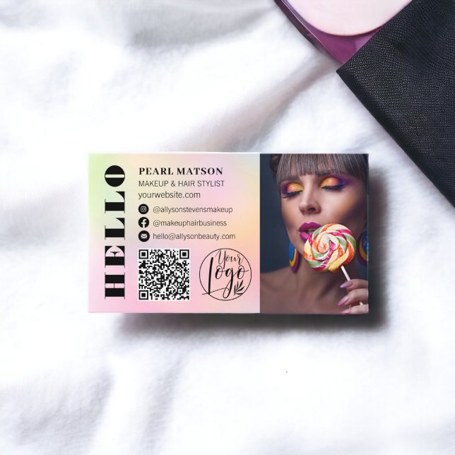 Carte De Visite Bold hello ombre chic Qr logo photo médias sociaux (Bold hello ombre chic Qr photo logo social media Business Card)