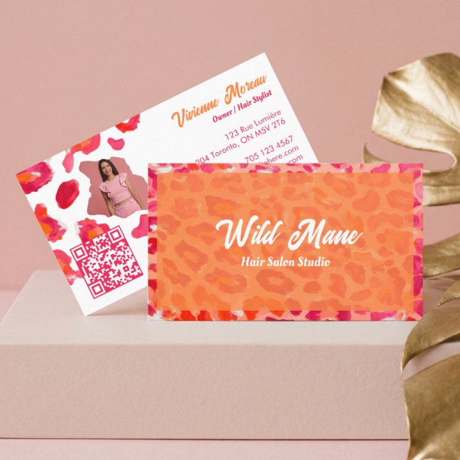 Carte De Visite Bold Pink Orange Cheetah Leopard Print QR Code (Bold Pink Orange Cheetah Leopard Print QR Code Business Card)