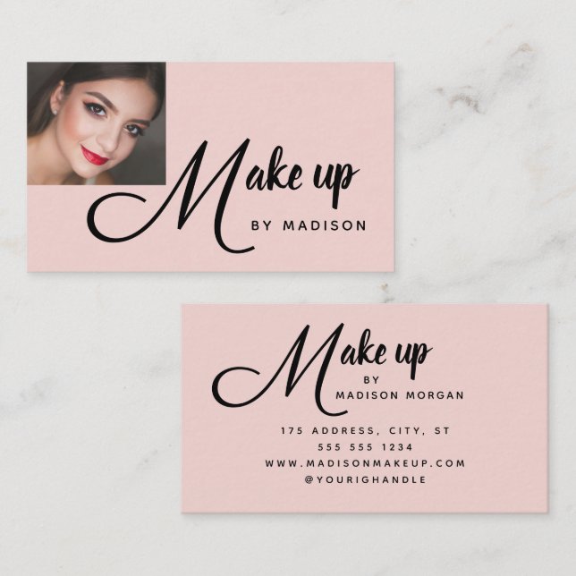 Carte De Visite Bold Script Blush Pink Photo Makeup Business Card (Devant / Derrière)