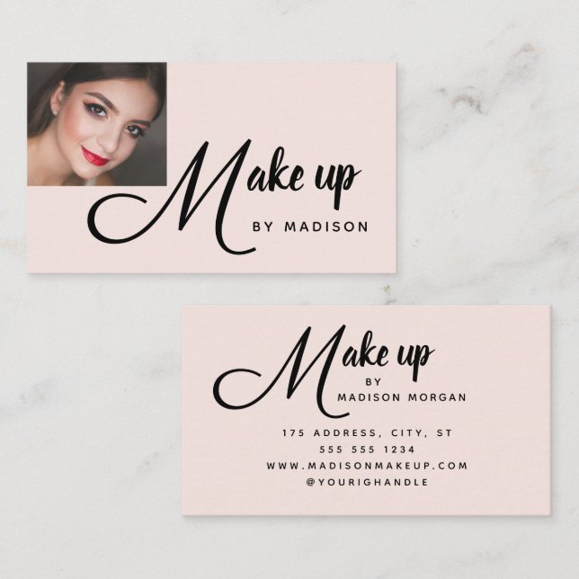 Carte De Visite Bold Script Blush Pink Photo Makeup Business Card (Devant / Derrière)
