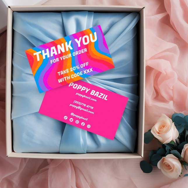 Carte De Visite Bold Wavy Rainbow Order Merci Remise sociale (Rainbow waves discount thank you note business cards with social media icons)