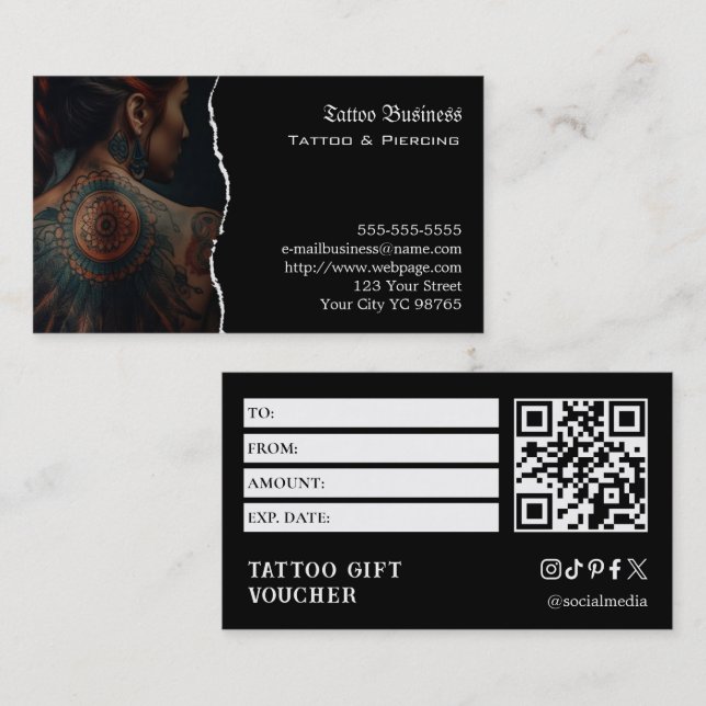 Carte De Visite Bon de cadeau de tatouage (Devant / Derrière)