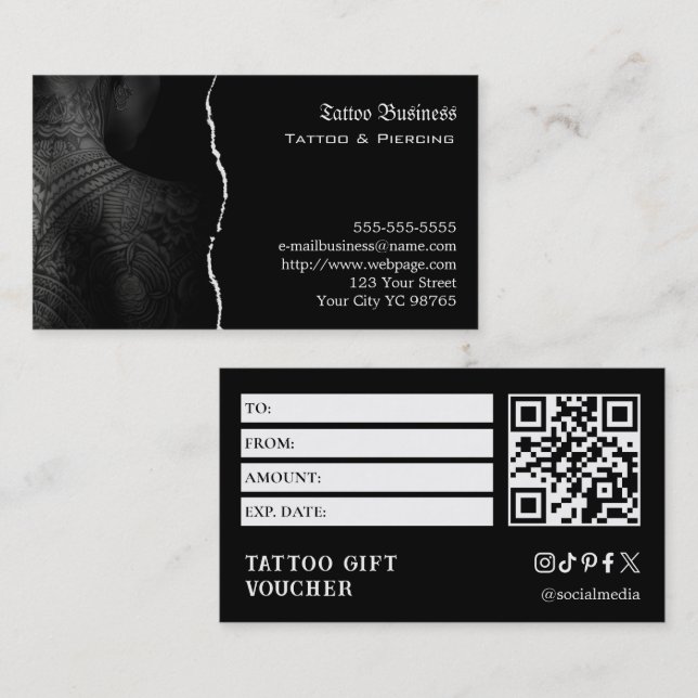 Carte De Visite Bon de cadeau de tatouage (Devant / Derrière)
