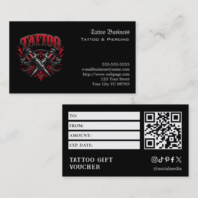 Carte De Visite Bon de cadeau de tatouage (Devant / Derrière)