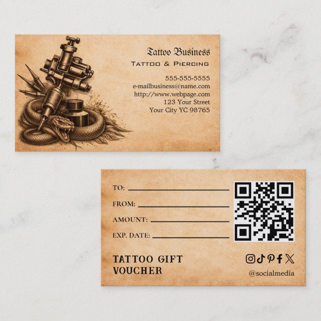 Carte De Visite Bon de cadeau de tatouage (Devant / Derrière)