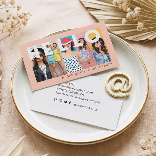 Carte De Visite Bonjour Avec Moderne & Minimal 5 photo Disposition (Fun Modern Minimal Social Media Influencer Photo Business Card)