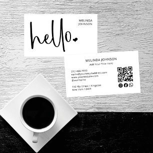 Carte De Visite Bonjour Coeur Blanc Script QR Code médias sociaux