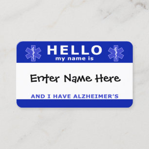 Carte De Visite BONJOUR j'ai une identification alzheimers