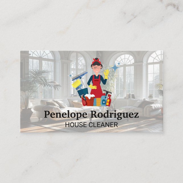 Carte De Visite Bonne dame de nettoyage avec son équipement (Devant)