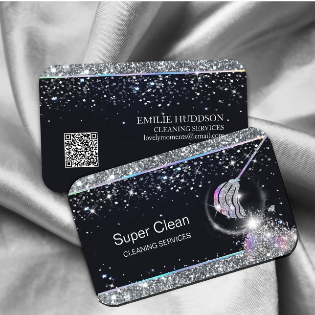 Carte De Visite Bonne de nettoyage de maison code QR holographique (a symbol of trust and quality in-home cleaning #maid #holograph #sparkles #glittersilver)