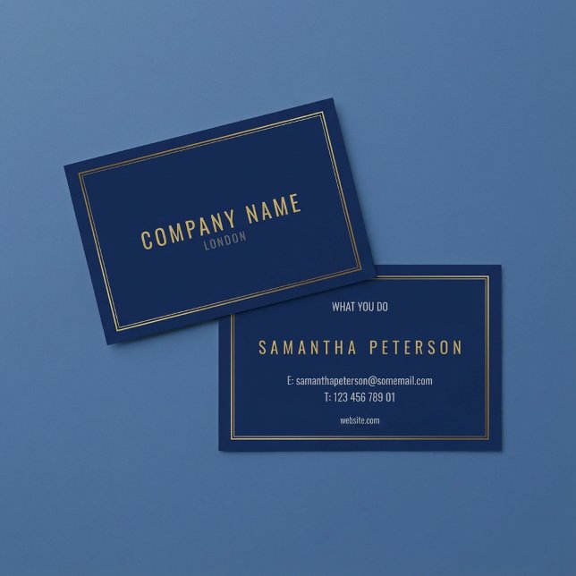 Carte De Visite Bordure à effet doré, fond bleu professionnel (Gold effect border, blue background professional business card.)