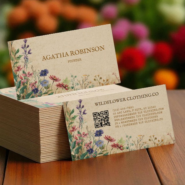 Carte De Visite Bordure beige Boho rustique Fleur sauvage (Beige Border Rustic Boho Wildflower Clothing Business Card)