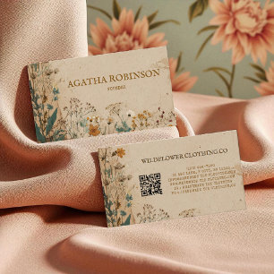 Carte De Visite Bordure beige Boho rustique Fleur sauvage