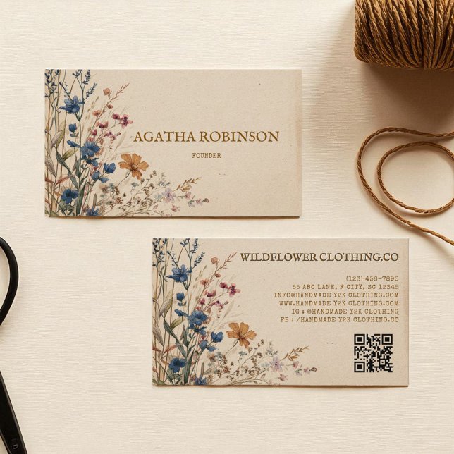 Carte De Visite Bordure beige Boho rustique Fleur sauvage (Beige Border Rustic Boho Wildflower Clothing Business Card)