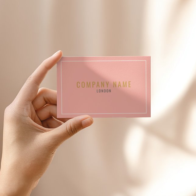 Carte De Visite Bordure blanche fine rose (Blush pink business card with gold text and modern minimalist border.)