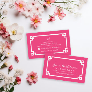 Carte De Visite Bordure clé grecque chic rose et blanc