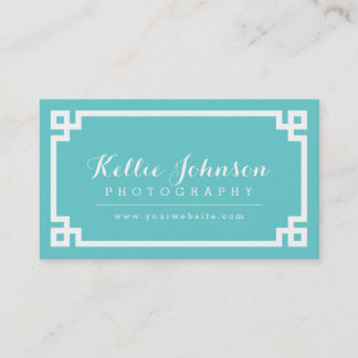 Carte De Visite Bordure clé grecque chic Turquoise et blanche