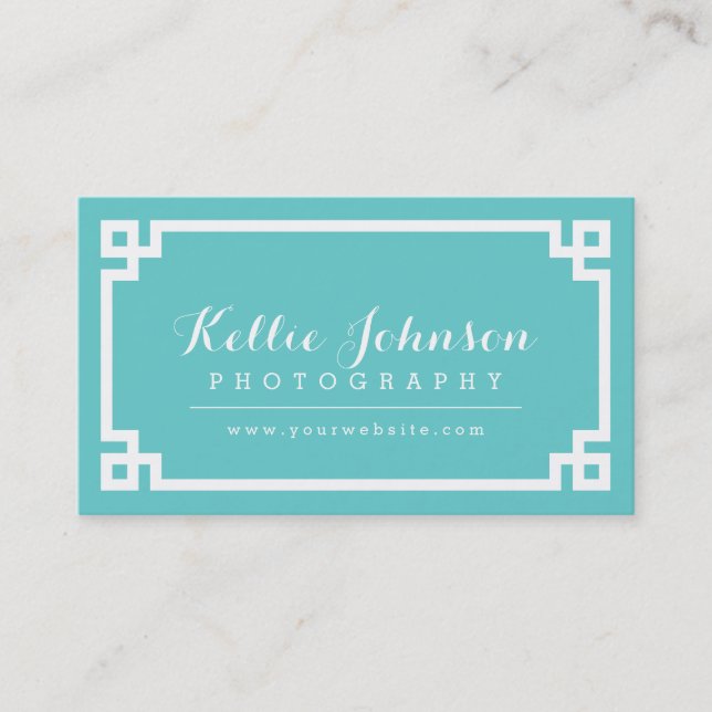 Carte De Visite Bordure clé grecque chic Turquoise et blanche (Devant)