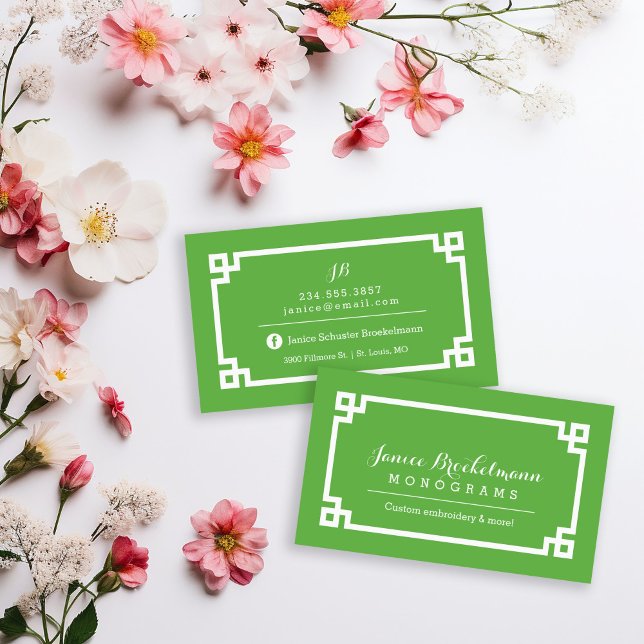 Carte De Visite Bordure clé grecque chic verte et blanche (Créateur téléchargé)