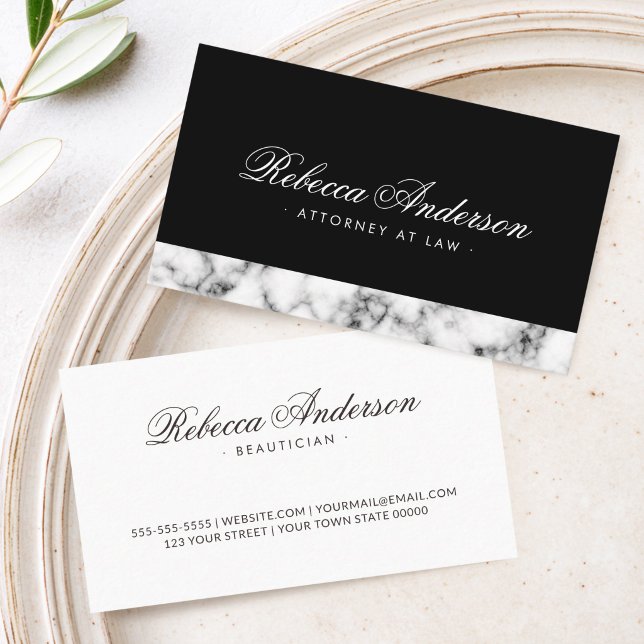 Carte De Visite Bordure de marbre calligraphie script élégant noir (Marble border calligraphy script elegant black business card)
