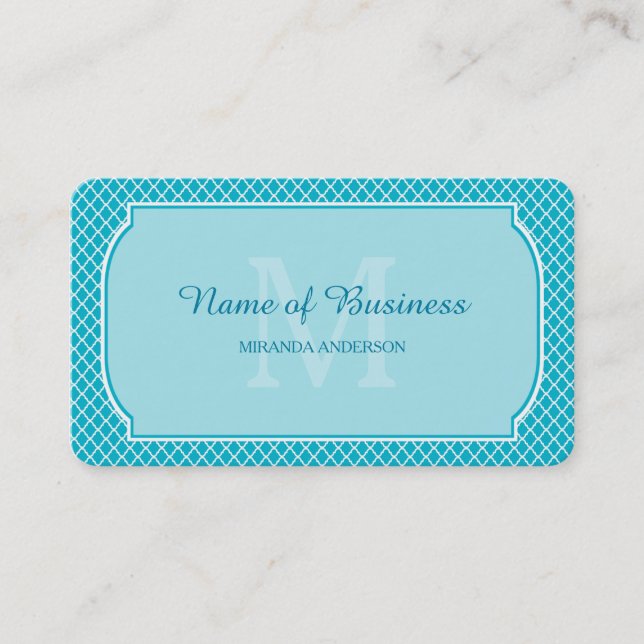 Carte De Visite Bordure en treillis à monogramme Aqua (Devant)