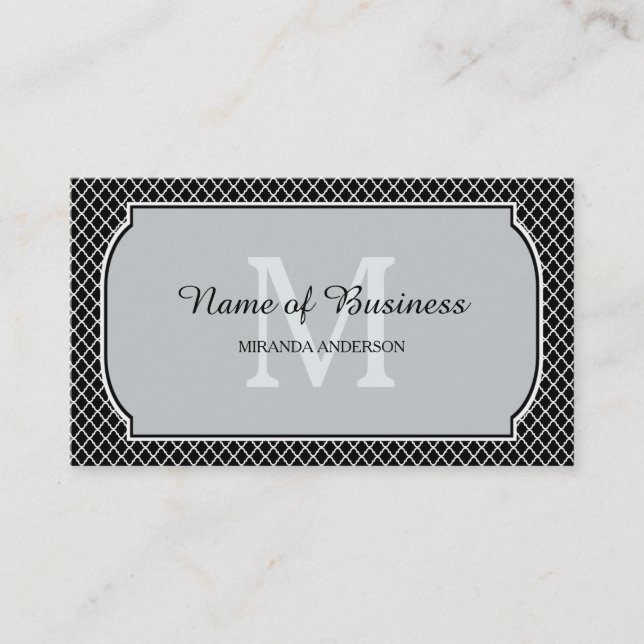 Carte De Visite Bordure en treillis à monogramme gris noir (Devant)