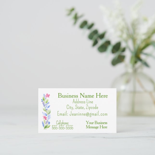Carte De Visite Bordure florale rose vert bleu aquarelle (Debout devant)