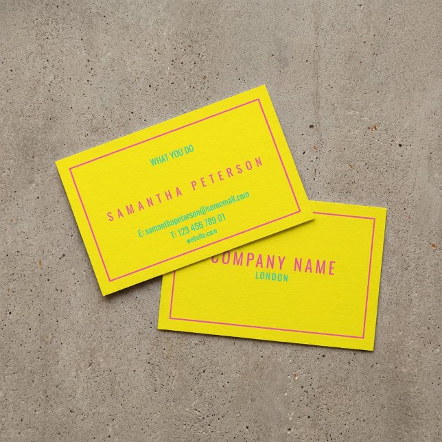 Carte De Visite Bordure rose néon fine, jaune (Thin neon pink border, yellow business card.)