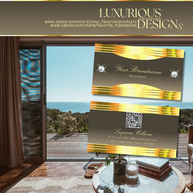 Carte De Visite Bordures d'or Brown beige avec code QR (Créateur téléchargé)