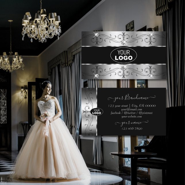 Carte De Visite Bordures d'ornement noir argent luxueux avec logo (Créateur téléchargé)