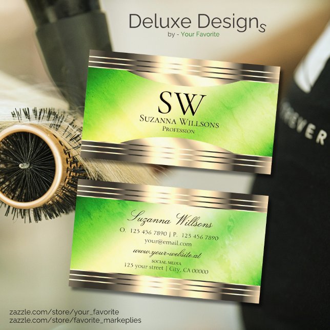 Carte De Visite Bordures en or de marbre vert brillant avec Monogr (Créateur téléchargé)