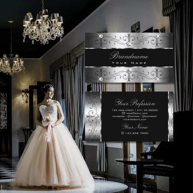 Carte De Visite Bordures ornementales en argent noir luxueux (Créateur téléchargé)