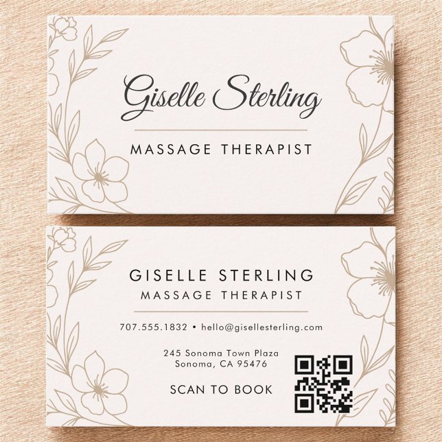 Carte De Visite Botanique Blush Massage Therapist QR Code Floral (Créateur téléchargé)